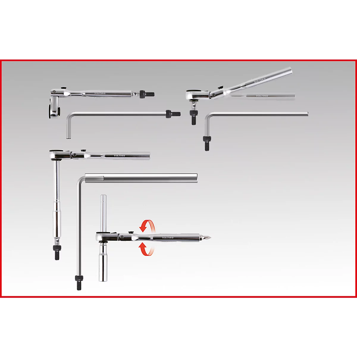 Mehrere Winkel-Knarren in verschiedenen Positionen auf grauem Hintergrund. Rote Pfeile weisen auf Drehbarkeit hin.